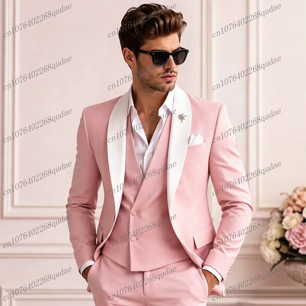 Men'S Grooming For Wedding - White Collar Pink Formal Men Suit